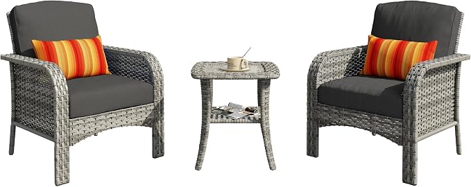 3 PCS Outdoor Patio Furniture Set with Side Table, All-Weather Rattan Wicker Outdoor Conversation Set with Thickened Cushions for Balcony Backyard Garden Lawn,Black