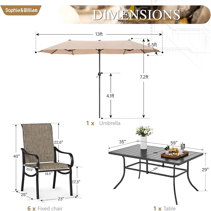 Sophia & William Patio Set with Umbrella, Outdoor Dining Set for 6 Persons, Outdoor Table with 13ft Beige Patio Umbrella & 6 x Fixed Chairs for Lawn Garden Backyard Pool (No Umbrella Base)