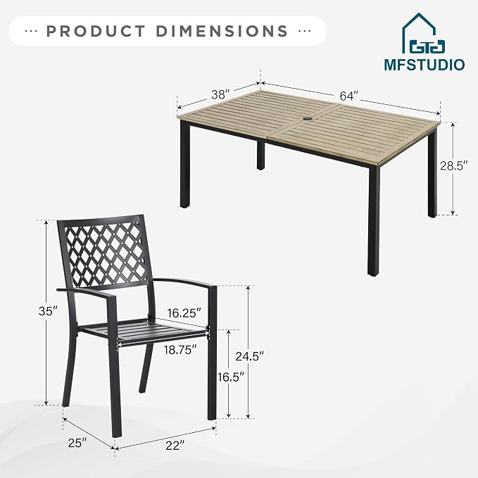 MFSTUDIO Outdoor Dining Set for 6, Metal Patio Dining Set with Umbrella Hole, 7 Piece Patio Table and Chairs Set for Deck Backyard Poolside Garden