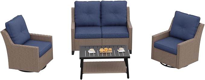 NestNook 4 Piece Patio Furniture Set, Outdoor Rattan Swivel Glider Chairs Set of 2 with Loveseat and Coffee Table Wicker Patio Conversation Set for Backyard Balcony & Poolside(Blue)