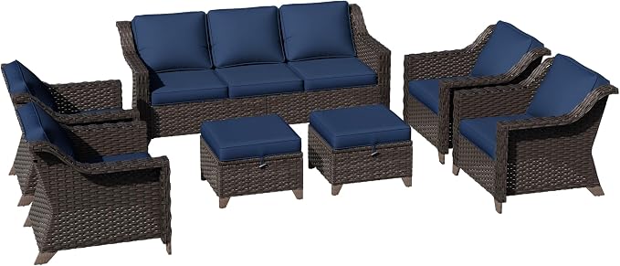7 Pieces Patio Conversation Furniture Set - 1 Sofa, 2 Ottomans, 4 Armchairs, Outdoor Wicker Furniture with Removable Cushions for Porch, Balcony, Sunroom (Blue)