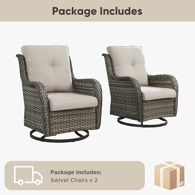 Belord Outdoor Swivel Chairs Set of 2,Patio Wicker Rocker Chairs,All Weather Patio Conversation Furniture Set, Ideal for Porch Balcony Deck Yard, Gray Wicker/Beige