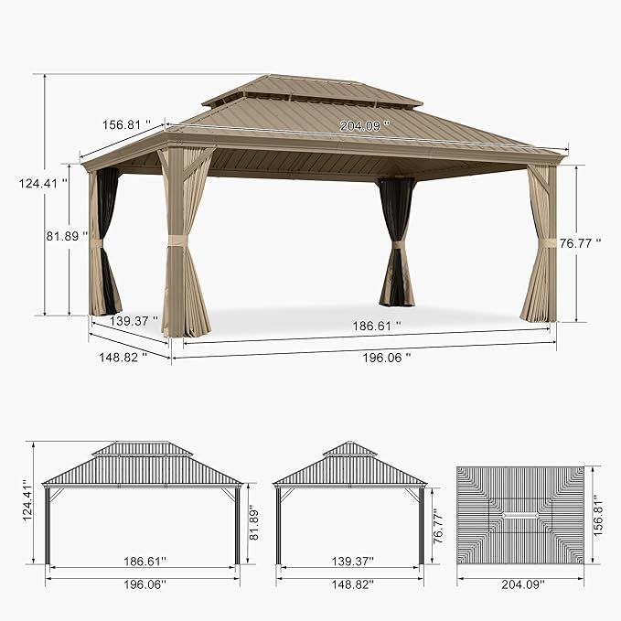PURPLE LEAF Outdoor Gazebo 13'X17',Champagne Hardtop Gazebo with Galvanized Steel Double Roof, Permanent Patio Gazebo with Curtains and Netting for Patio Lawn Garden and Deck