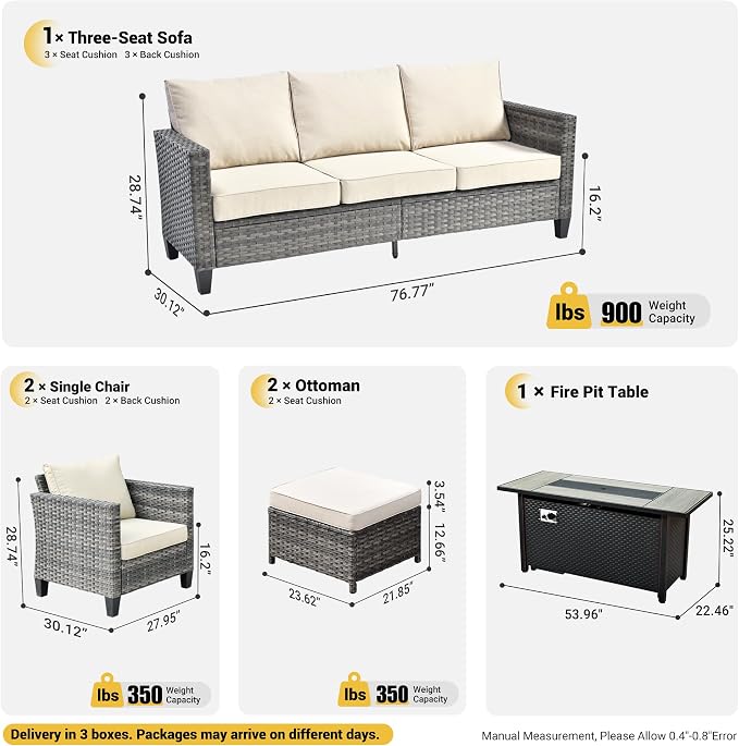 ovios 6 Pieces Patio Furniture Set with 54" Fire Pit Table, Outdoor Wicker Sofa with Comfy Cushions, All Weather High Back Rattan Couch Conversation Set, Beige