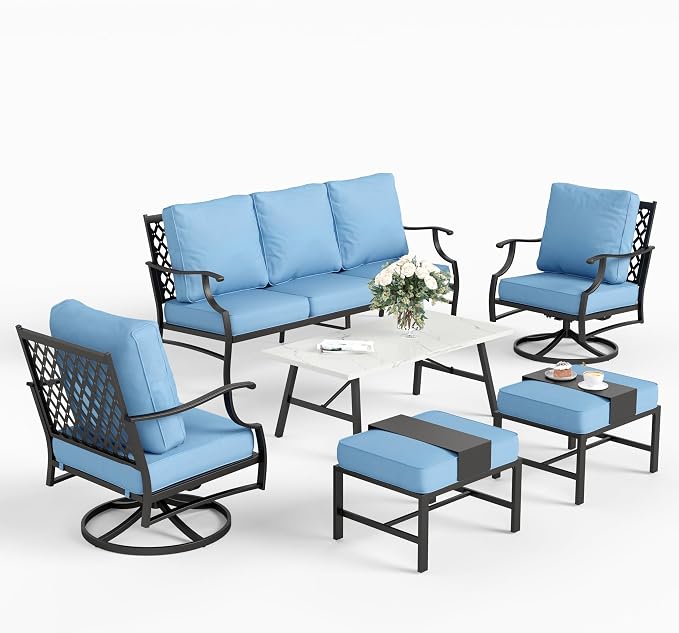 SUNSHINE VALLEY 6 Piece Metal Outdoor Patio Furniture Set, Patio Conversation Sets 1 3-seater Sofa, 2 Swivel Chair, 2 Ottomans with 5.75" Thick Cushion and Coffee Table, Black Backyard Furniture, Blue