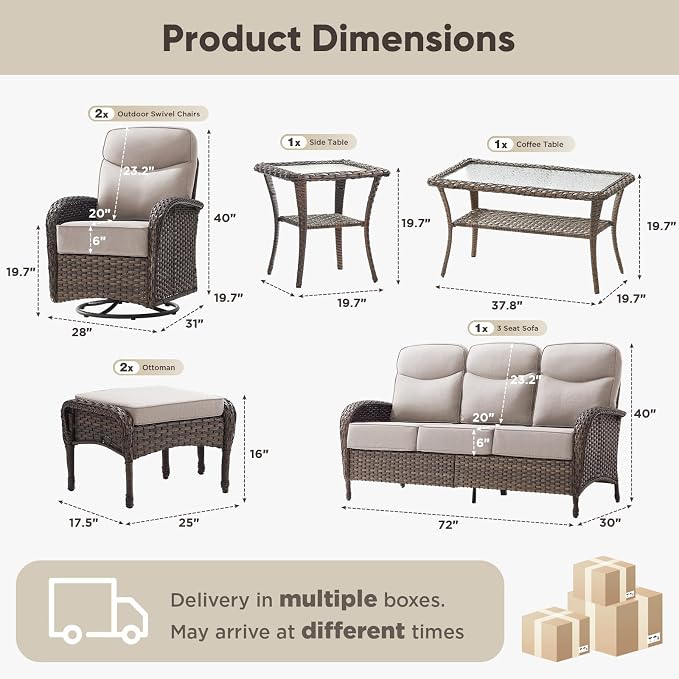 HUMMUH 7-Piece Patio Furniture Set with 6" Thick Cushion High Back Outdoor Swivel Rocker Chairs with 3-Seater Sofa,Coffee Table & Ottomans,Wicker Outdoor Conversation Set for Deck, Porch,Poolside