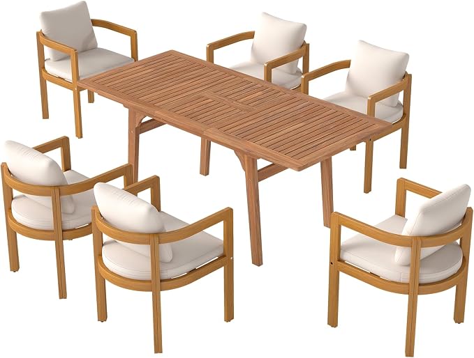 SUNSITT 7-Piece Outdoor Patio Dining Set, 55" - 71" Acacia Wood Expandable Outdoor Table Set with Umbrella Hole, 6 Curved Patio Arm Chairs w/Removable Cushions for Backyard, Porch, Deck