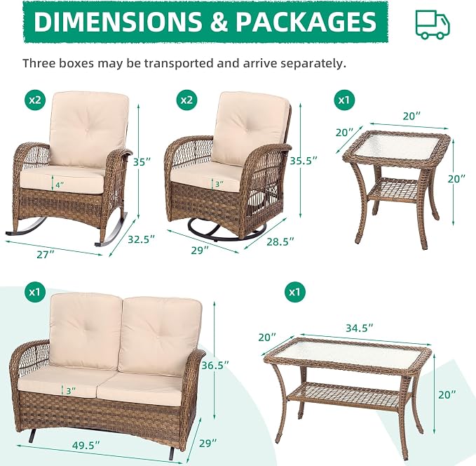 VIVIJASON 7-Piece Outdoor Patio Wicker Conversation Sets, All Weather Outdoor Rattan Furniture Set Includes Glider Loveseat, 2 Rocking Chairs, 2 Swivel-Gliders Chairs, 2 Coffee Table, Light Brown