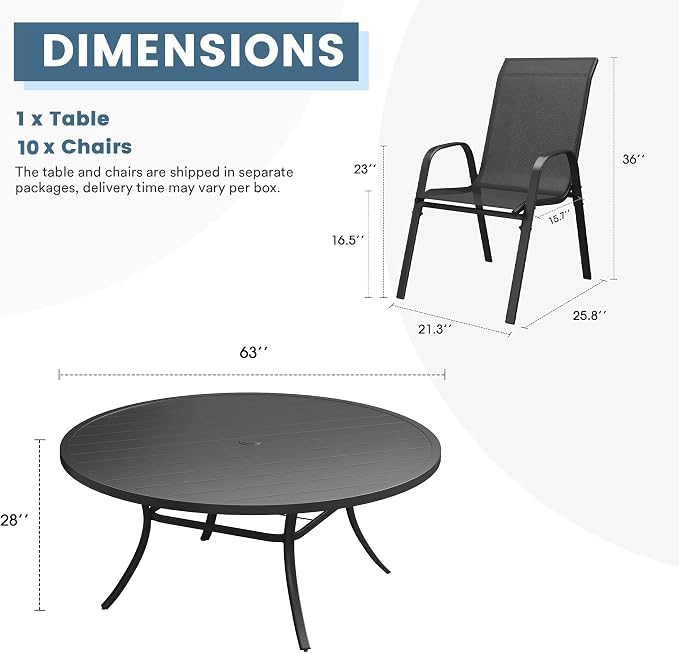 DIFY 11 Piece Outdoor Dining Set, 63" Black Round Metal Patio Table and Dark Grey Textilene Stackable Chairs for 10, All Weather Patio Furniture Set with Umbrella Hole for Backyard Garden Deck