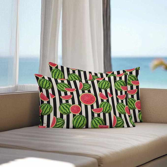 Vandarllin Outdoor Throw Pillows Covers 20x12 inch Set of 2 Waterproof Watermelon Decorative Zippered Cushion Covers for Patio Furniture, Summer Fruit Black Stripes Lumbar Pillowcases