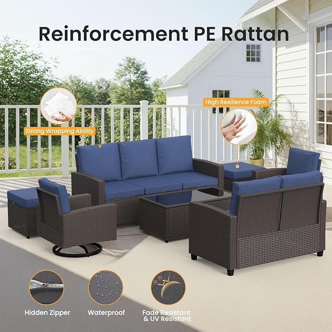 7-Piece Outdoor Patio Furniture Set with Wicker Rattan Sectional Sofa, Swivel Chairs, Ottomans, Coffee Table and Comfy Cushions, All-Weather Conversation Set for Balcony, Deck, Garden, Backyard Lounge