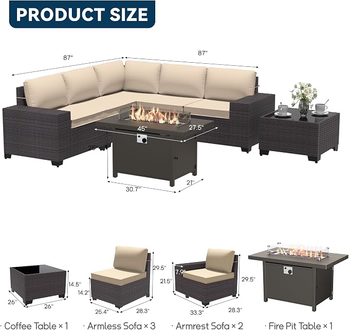 Patio Furniture Set 7 Pieces Outdoor Furniture Patio Conversation Set w/43in Aluminum Gas Fire Pit,PE Rattan Wicker 7 Pcs Outdoor Sofa Set w/55000 BTU Propane Fire Pit Table,Sand
