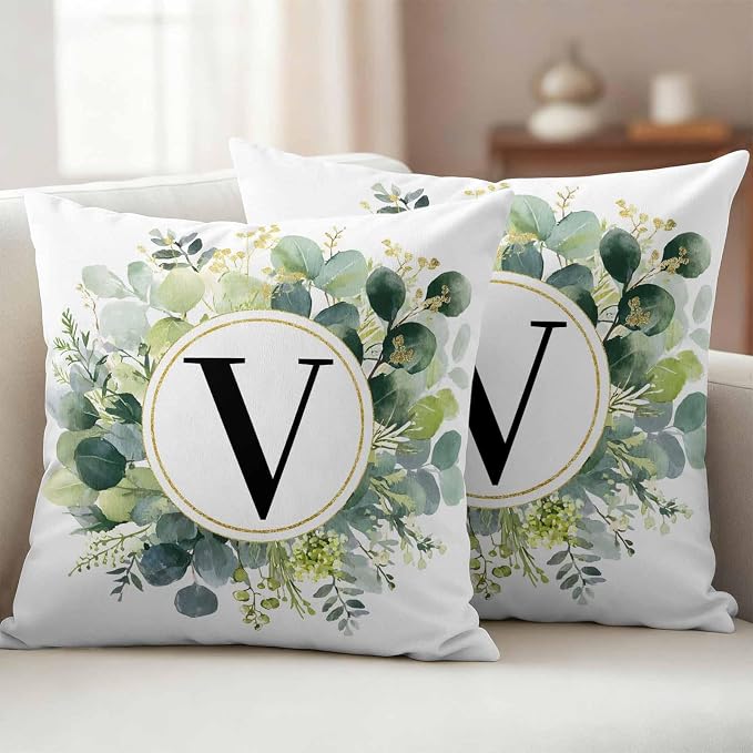 Letter V Waterproof Outdoor Pillow Covers Set of 2 Home Decor, Alphabet Green Eucalyptus Leaves Pillowcase Patio Pillow Covers for Couch Bench Patio Furniture Garden 24x24in