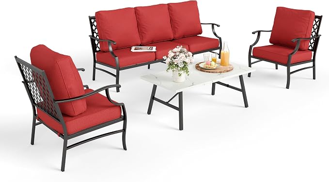 MIXPATIO Patio Furniture Set 4 pcs, Metal Outdoor Patio Furniture, 3-Seat Sofa, 2 Single Chairs, Coffee Table and 5.75" Extra Thick Cushion, Conversation Set for Backyard Deck, Red