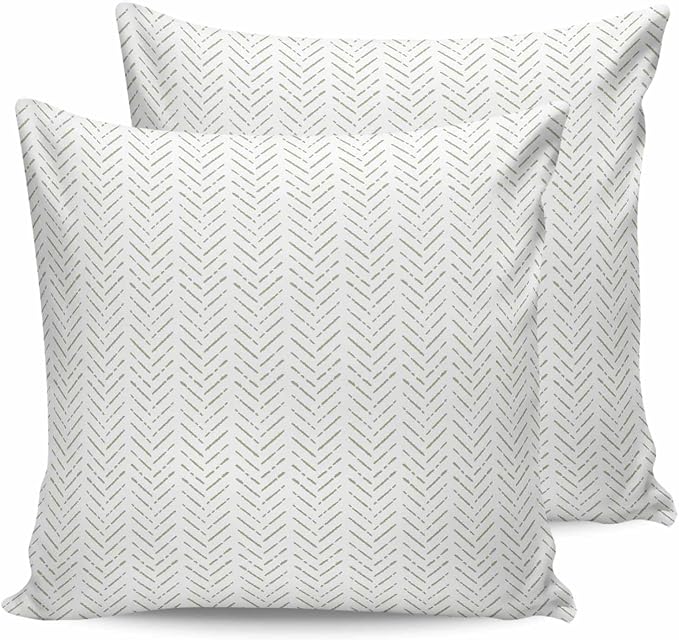 Sage Green Striped Outdoor Pillow Covers Waterproof,All Weather Cushion Case Set of 2 Decorative Pillowcases for Sofa Couch Bed Decor Patio Furniture 16"x16" White Geometric Minimalist Boho Striped