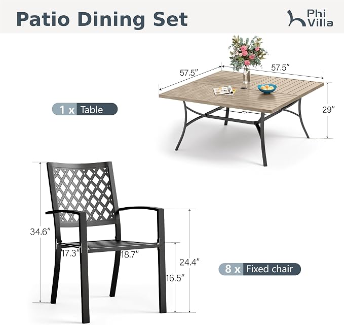 PHI VILLA 9 Pcs Outdoor Dining Set& 57.5" Wood-Like Table | Square Metal Table w/ Umbrella Hole &Wrought Iron Chairs, Large Outside Furniture Set for Patio, Deck, Yard, Porch