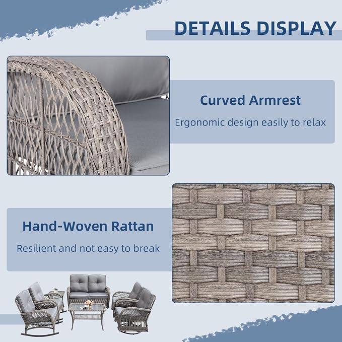 7-Piece Wicker Patio Furniture Sets Outdoor All-Weather Rattan Conversation Set Includes Glider Loveseat, 2 Glass-Top Coffee Tables, 2 Swivel-Rocker Chairs for Porch Backyard, Gray