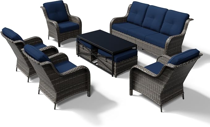 Joyside 8 Piece Wicker Patio Furniture Set, Rattan Patio Chairs with High Back, Deep Seating, Wide Armrest, Thickened Cushions, Outdoor Furniture for Deck, Porch Use