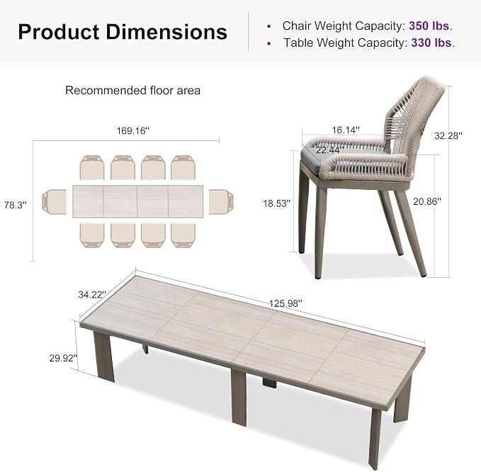 PURPLE LEAF 11 Pieces Patio Dining Set Aluminum Rectangular Table and Wicker Chairs with Cushions for Kitchen Porch Garden Modern Outdoor Furniture Sets, Light Grey