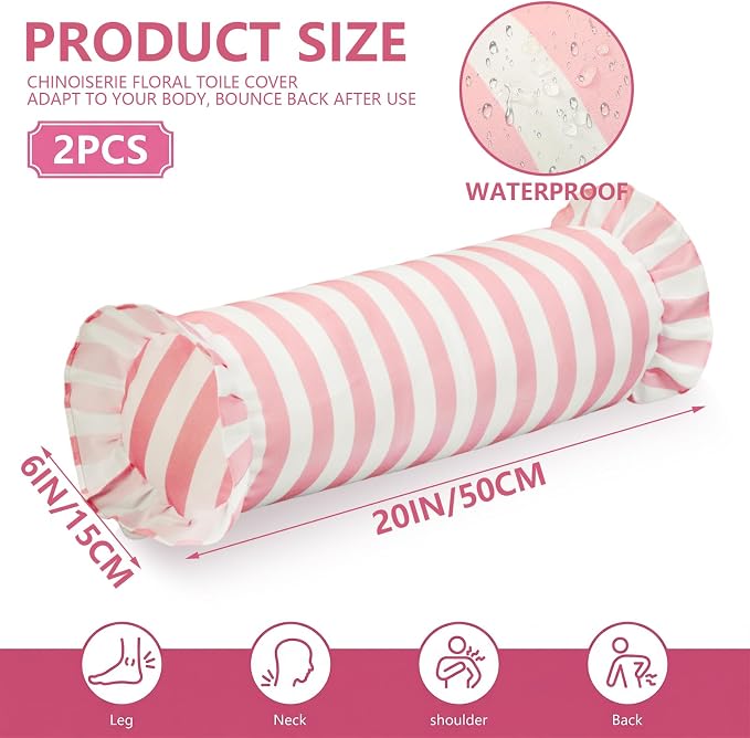 2 Pack Pink Striped Bolster Pillows with Ruffle, 6" x 22" Linen Waterproof Cylindrical Pillow Indoor Outdoor for Bed Sofa Couch, Modern Farmhouse Bedroom Living Room Home Decor
