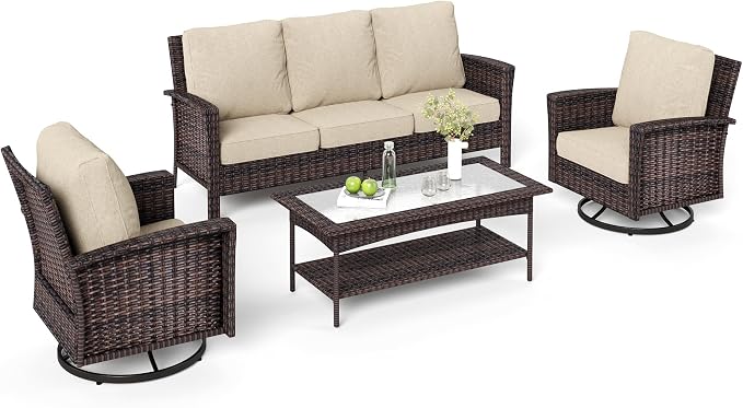 MIXPATIO 4-Piece Wicker Patio Furniture Set with Swivel Chairs, High Back Outdoor Sofa with 5.5-inch Thick Cushion, All-Weather Patio Table and Chairs Set for Deck Yard Pool, Beige