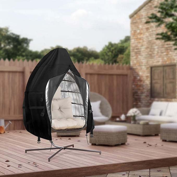 Egg Chair Cover Waterproof, 66x60 Inch Windproof Double Seat Wicker Swing Hanging Egg Chair Cover with Zipper and Buckles, 420D Heavy Duty, Anti-UV, Dust-proof, Black