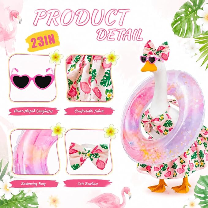 Flamingo Tropical Lawn Goose Outfit Set, Floral Bikini Costume with Gradient Glitter Swim Ring Heart Sunglasses Bow Headband, 23 Inch Porch Goose costume, Summer Outdoor Garden Yard Decor