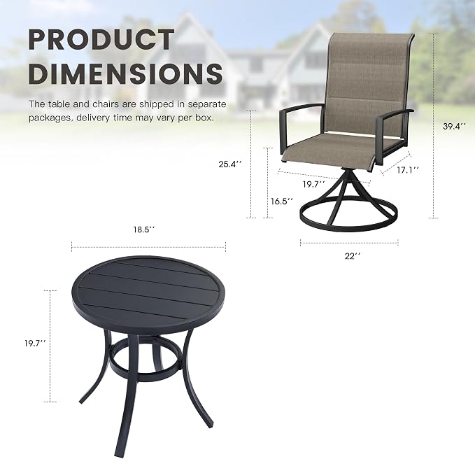 Outdoor Dining Set for 2, 18.5" Metal Round Outdoor Side Table and Padded Textilene Patio Swivel Chairs, 3 Pieces Patio Side Table and Chairs Set for Garden Backyard, Mixed Brown and Black