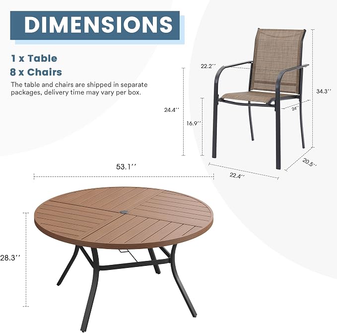 DIFY 9 Pieces Outdoor Patio Dining Set for 8, 53.1" Walnut Round Metal Dining Table and 8 Brown Stackable Sling Dining Chairs, Outdoor Table and Chairs for Lawn Garden Backyard Deck