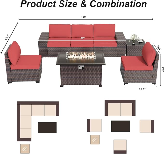 ALAULM 7 Pieces Patio Furniture Set with Fire Pit Table 55000BTU, Oversized Seat/Armrest and High Back Wicker Conversation Set with Thick Cushion for Backyard, Garden, (Red)