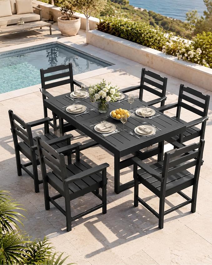 WACASA 7-Piece HDPE Outdoor Dining Set for 6, All-Weather Faux Wood Patio Table and Chairs with 2" Umbrella Hole, Steel-Reinforced Outside Furniture, Black