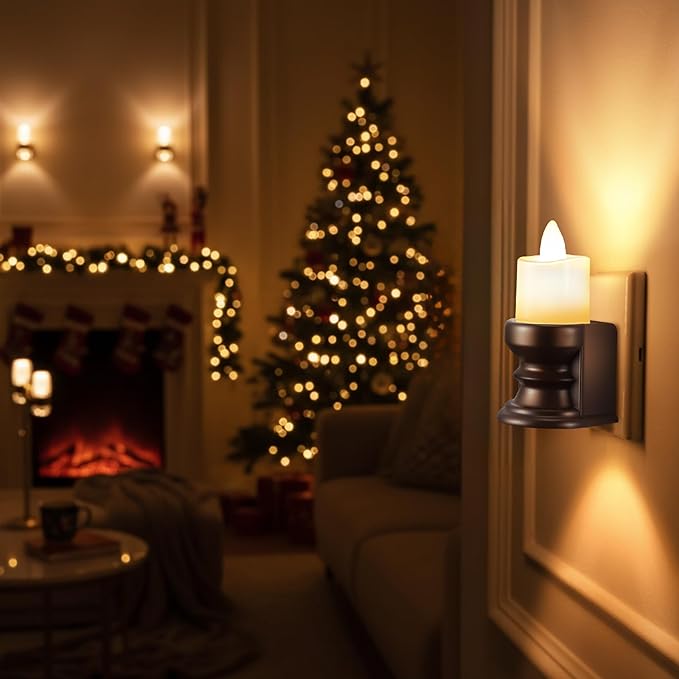 Meonum Flickering Flameless Candle Night Light Plug in, Dimmable LED Nightlight with Dusk to Dawn Sensor, Decorative Candle Light for Bedroom, Hallway, Bathroom (1 Pcs,Warm Yellow & Brown Base)