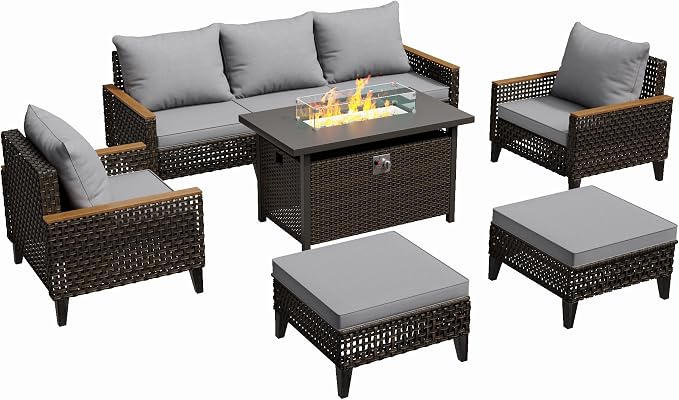 8Piece Patio Furniture Set with 50000 BTU Propane Fire Pit Table, All-Weather Wicker Rattan Outdoor Sectional Sofa Set with High Back and Thick Cushions for Garden, Porch, Poolside, Grey