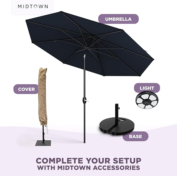 Midtown Umbrellas - The Lean 10 Ft Patio Umbrella with Fade-Resistant Sunbrella Fabric, Auto-Tilt Aluminum Frame and 8 Reinforced Ribs for Deck, Pool & Garden - Canvas Navy Canopy, Black Pole