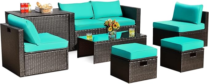 COSTWAY 8-Piece Outdoor Patio Furniture Set, Rattan Sectional Sofa, Armless Chairs, Side Table with Storage Ottoman & Glass Coffee Table, Space-Saving Conversation Set for Garden Deck (Turquoise)