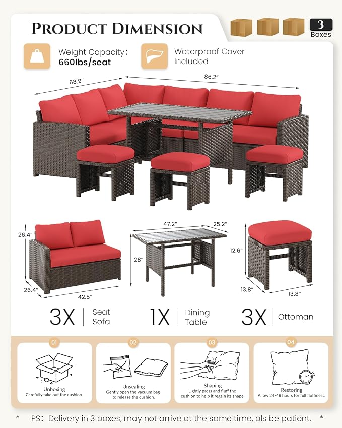 U-MAX 7 Pieces Patio Furniture Set with Waterproof Cover, Outdoor Sectional Sofa Conversation Set, All Weather Wicker Rattan Dining Table & Chair with Ottoman, Brown Rattan&Red Cushion