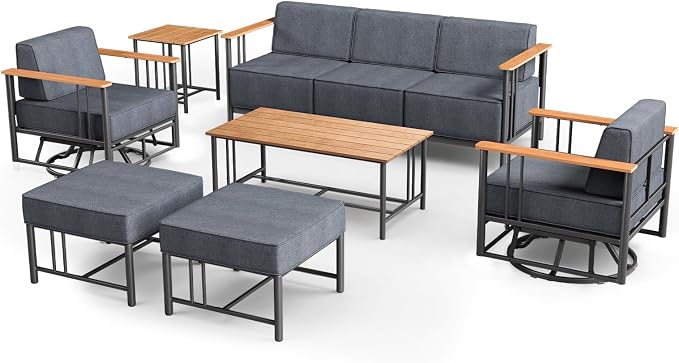 Luxury Outdoor Furniture Set with Swivel Chairs, 7 PCS Patio Furniture Set with 6" Extra Thick Cushions, Suitable for Porch, Balcony, Deck, Patio, Yard, Poolside, Black/Grey