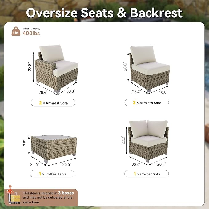 LazySunsets Luxury Patio Furniture Set, All-Weather Patio Sectional Sofas with Thickened Cushions, 6 Piece Outdoor Furniture Set, Beige