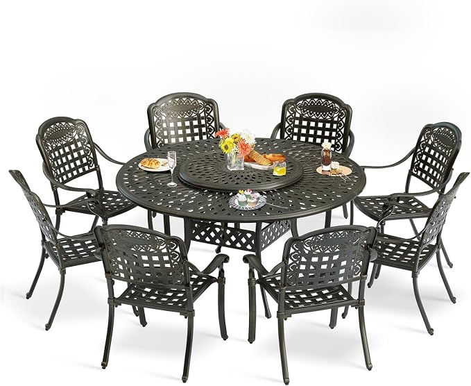9-Piece Patio Furniture Dining Set, All Weather Cast Aluminum Outdoor Conversation Set- 61" Round Patio Dining Table with Detachable Lazy Susan & 8 Chairs, 2" Umbrella Hole, Dark Bronze