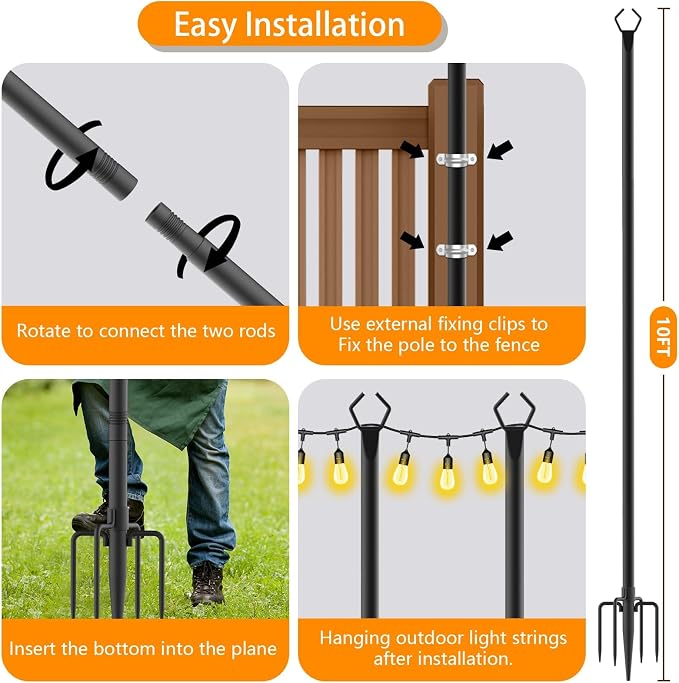 4 Pack 10 FT String Light Poles,Metal with Fork Lights Poles for Outdoor String Light, Rustproof Heavy Duty for Outside Garden,Patio,Wedding,Backyard,Deck,Party