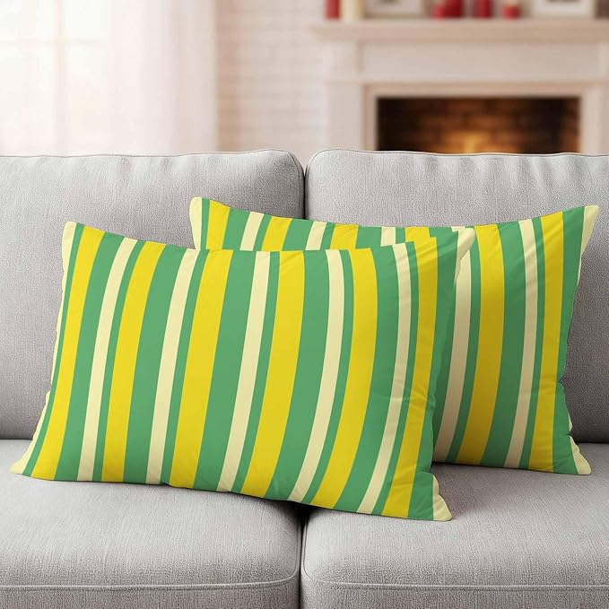 Lemon Green Yellow Outdoor Pillow Covers 20x12 Inch Lumbar Pillow Covers Set of 2 Waterproof Decorative Throw Pillow Cases Summer Modern Farmhouse Striped Cushion Covers for Patio Furniture Garden
