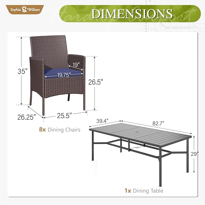Sophia & William 9 Pieces Patio Dining Set for 8, Outdoor Patio Table and Rattan Chairs Set, 83" L Extra Large Rectangular Table, 1.8" Umbrella Hole, Navy Removable Seat Cushions