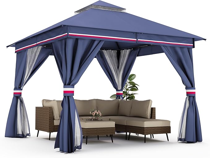 LAUSAINT HOME Patio Gazebo 10'x10', Outdoor Heavy Duty Party Tent Shelter with Double Roofs, Mosquito Nettings and Privacy Screens for Backyard, Garden, Lawn, Classic Blue