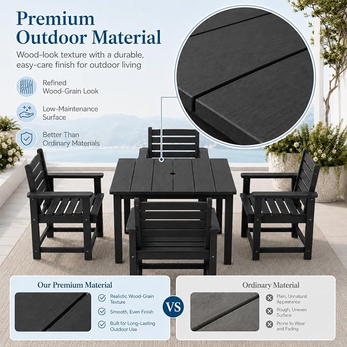 HDPE Outdoor Dining Set for 4, Square Table & Chairs Set | • All-Weather Polywood Composite • 410 lbs Heavy-Duty Support • Built-In 2" Umbrella Hole • Easy Soap-Water Wash