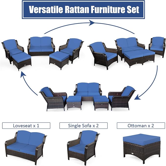 COSTWAY 5PCS Patio Wicker Rattan Furniture Set, Loveseat Sofa with Ottomans and Cushioned Chairs, Conversation Sets for Outdoor Garden Backyard