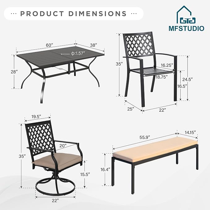 MFSTUDIO Outdoor Dining Set with Bench, Patio Table and Chairs Set for 6 with Umbrella Hole, Deck Garden Table Chair and Bench Set