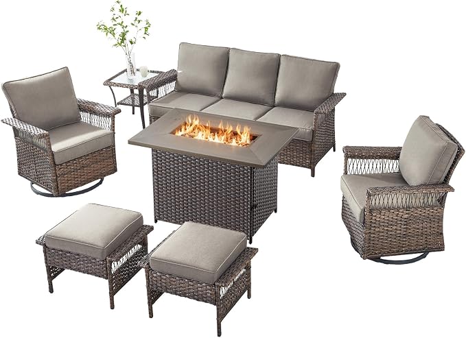 Patio Furniture Set with Fire Pit Table, 7PCS Patio Conversation Set Brown Resin Wicker Swivel Patio Chair Sofa Ottoman Set with Side Table and Fire Table PE Rattan Furniture Set