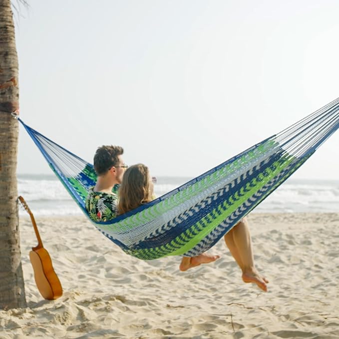 Lazy Daze Hammocks Handwoven XL Mayan Hammock, 10.5 FT Soft Rope Double Hammocks, Portable Outdoor Hammock with Carry Bag, 2 Straps & Carabiners for Patio Outside, 550 lbs Weight Capacity, Blue/Green