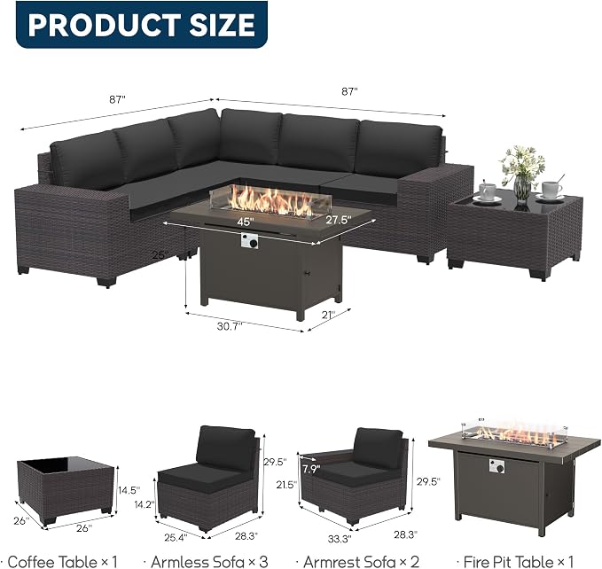 Patio Furniture Set 7 Pieces Outdoor Furniture Patio Conversation Set w/43in Aluminum Gas Fire Pit,PE Rattan Wicker 7 Pcs Outdoor Sofa Set w/55000 BTU Propane Fire Pit Table,Black