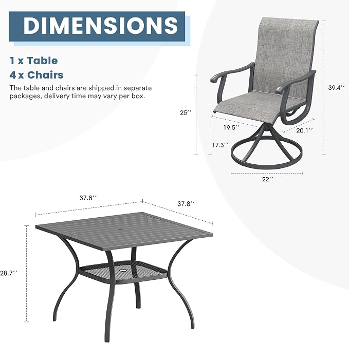 DIFY 5 Pieces Outdoor Patio Dining Set for 4, 37.8" Metal Square Dining Table and 4 Textilene Patio Swivel Chairs with Curved Armrests, Outdoor Table and Chairs, Grey